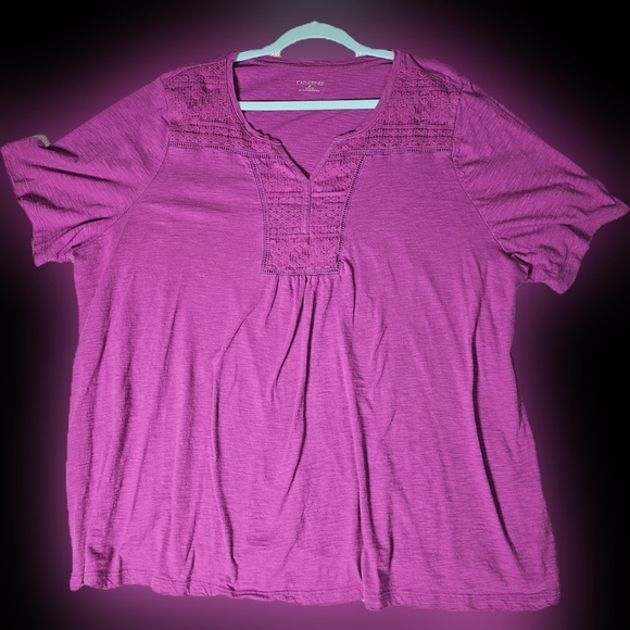 Catherine's Pink Magenta Shortsleeve, T-Shirt, Embroidery Scoop V-neck 2X - Picture 3 of 9